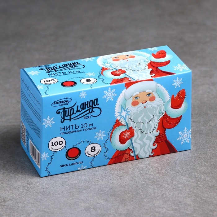 Гирлянда &laquo;Нить&raquo; 10 м, IP20, прозрачная нить, 100 LED, свечение красное, 8 режимов, 220 В