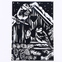 Гравюра на новый год &laquo;Птички в скворечнике&raquo;, с эффектом золото, А4