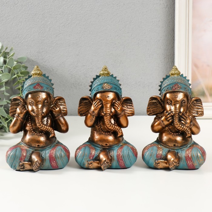 Сувенир полистоун Сувенир полистоун "Ганеша - не слышу, не вижу, не скажу" с золотой патиной МИКС 11х9,5х16 см 99303