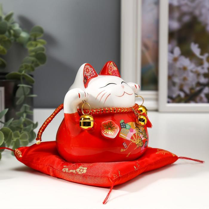 Сувенир керамика копилка Сувенир керамика копилка "Красный кот Манэки-нэко с колокольчиками" 11,5х11,5х9,5 см
