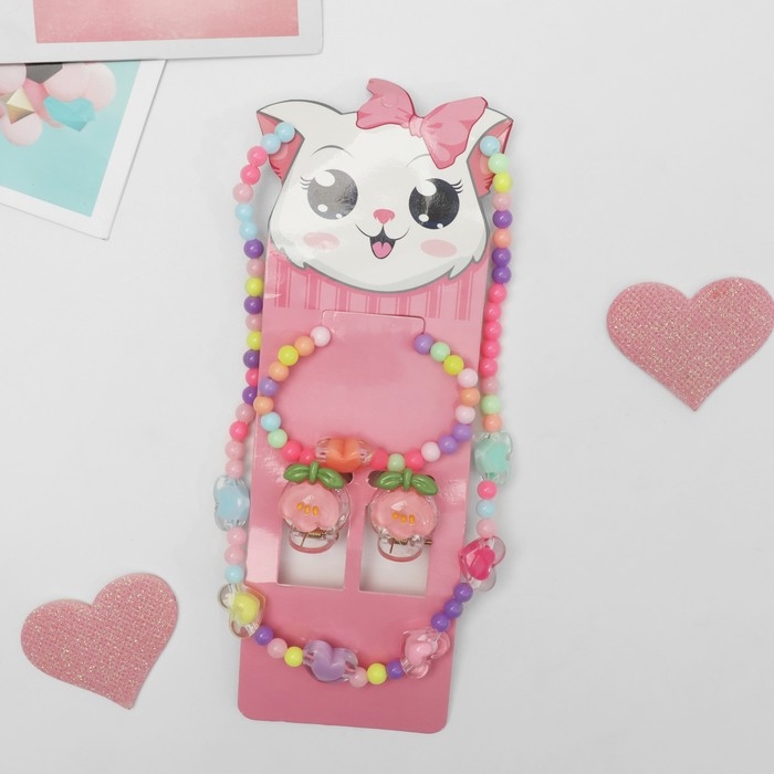 Комплект детский &laquo;Выбражулька&raquo; 4 предмета: 2 заколки, бусы, браслет, сердечки, цветной