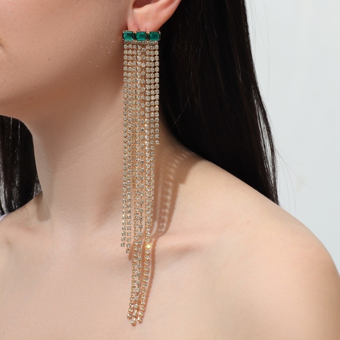 Серьги висячие со стразами «Мулен Руж» водопад, цвет бело-зелёный в золоте, 19 см Серьги висячие со стразами «Мулен Руж» водопад, цвет бело-зелёный в золоте, 19 см