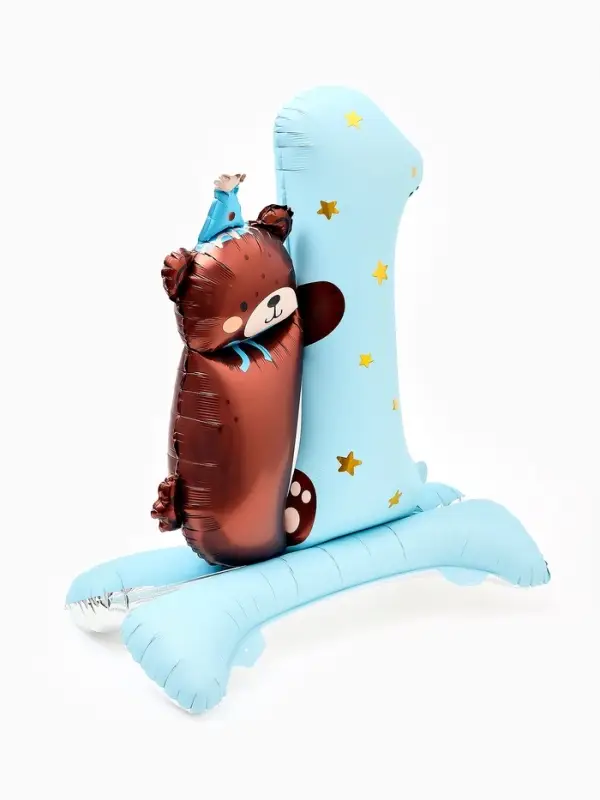 Воздушный шар фольгированный 32" "Цифра 1 с мишкой"  цвет голубой, под воздух