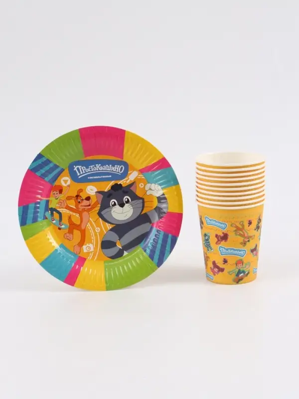 Посуда одноразовая бумажная на 10 персон &laquo;Простоквашино&raquo;: стаканы, тарелки, скатерть, Союзмультфильм