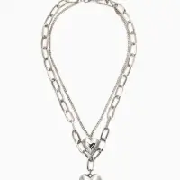 Кулон на цепочке крупное вытянутое звено 2 яруса "Сердечки", цвет серебро