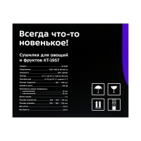 Сушилка для овощей и фруктов Kitfort КТ-1957, 450 Вт, 5 ярусов, таймер, серебристо-чёрная Сушилка для овощей и фруктов Kitfort КТ-1957, 450 Вт, 5 ярусов, таймер, серебристо-чёрная