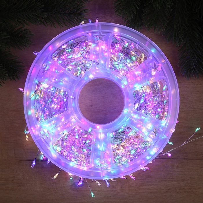 Гирлянда &laquo;Мишура&raquo; 50 м роса, IP44, серебристая нить, 1500 LED, 8 режимов, свечение мульти, 36 В