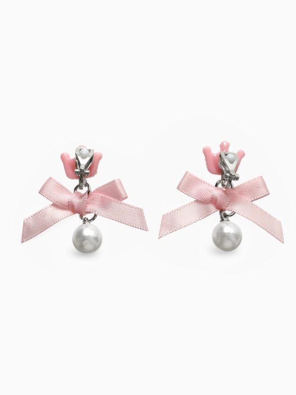 Серьги-клипсы детские "Выбражулька" корона с бантом и жемчужиной, цвет розово-белый