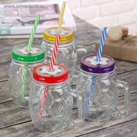 Кружка стеклянная с крышкой и трубочкой Доляна &laquo;Мяч&raquo;, 500 мл, цвет МИКС