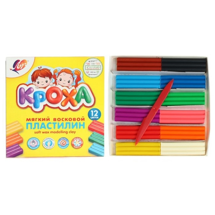 Пластилин мягкий (восковой), 12 цветов, 180 г, Пластилин мягкий (восковой), 12 цветов, 180 г, "Кроха", со стеком