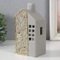 Подсвечник керамика, металл на 1 свечу "Дом" серый с золотом 9х6,3х16,7 см