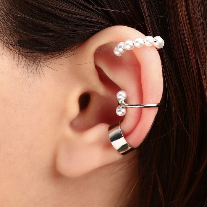 Серьга &laquo;Кафф&raquo; набор 3 шт., жемчуг, цвет белый в серебре