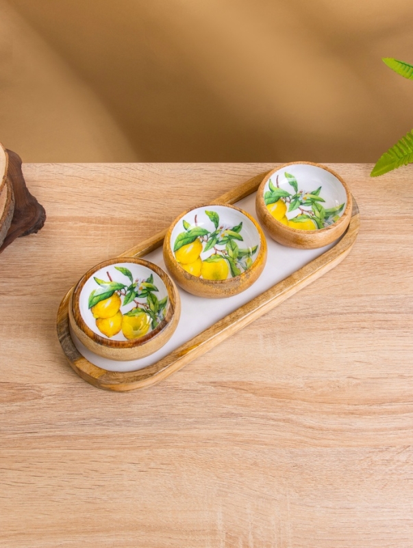 Набор розеток на подносе "Лимоны" (3 шт) дерево манго 33,5х13х6,5 см