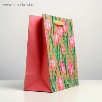 Пакет подарочный крафтовый вертикальный, упаковка, &laquo;Тюльпаны&raquo;, ML 23 х 27 х 11,5 см