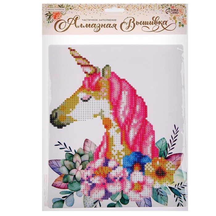 Алмазная вышивка &laquo;Единорог в цветах&raquo;, 21 &times; 25 см, с частичным заполнением, с подставкой