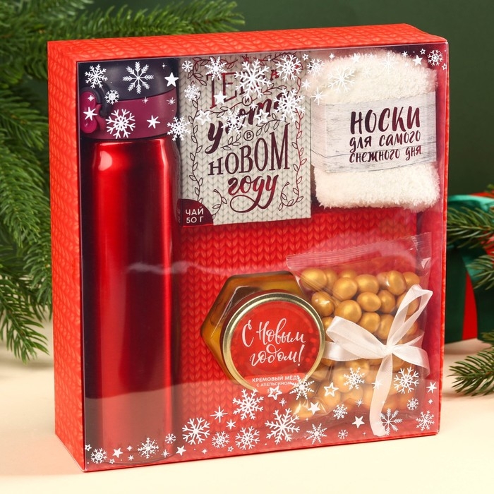 Подарочный набор &laquo;Тепла и уюта&raquo;: чай 50 г, крем-мед 120 г, носки 36-39 р, термос 500 мл, арахис в глазури 100 г