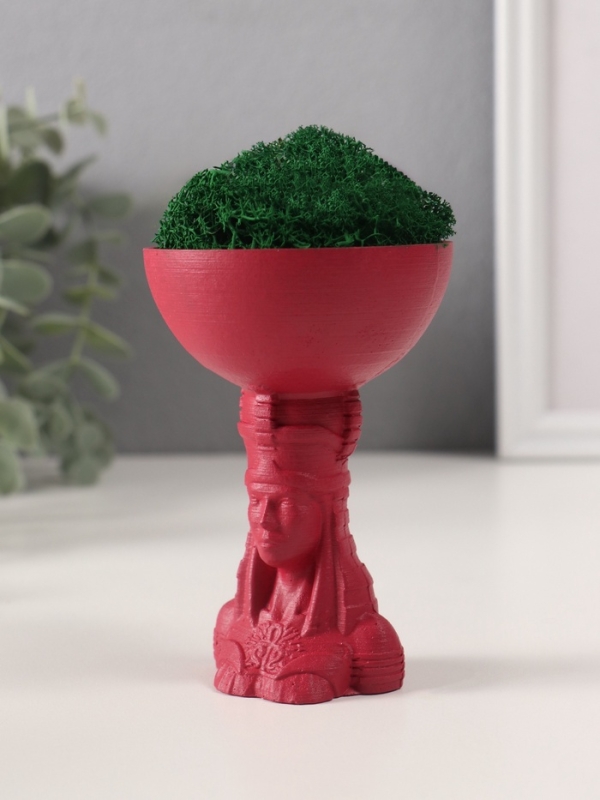Кашпо бетонное "Египтянка" высота 10см,диаметр 7см винный со мхом (мох зелен. стабилизир.)