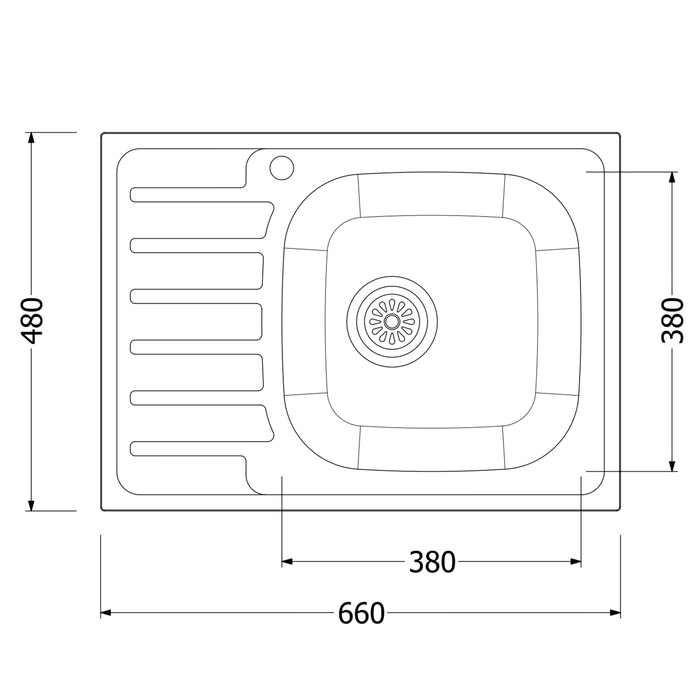 Мойка кухонная "Владикс", врезная, с сифоном, 66х48 см, левая, нержавеющая сталь 0.6 мм
