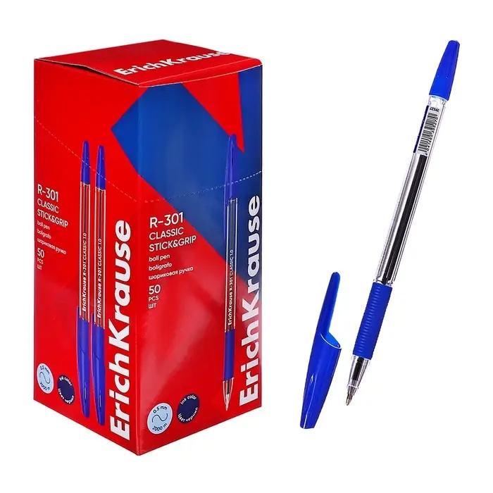 Ручка шариковая ErichKrause R-301 Classic Stick & Grip, узел 1.0 мм, синяя, с резиновым держателем, мягкое и комфортное письмо