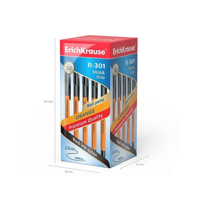 Ручка шариковая ErichKrause R-301 Orange Stick & Grip, узел 0.7 мм, чернила чёрные, резиновый держатель, длина линии письма 2000 метров