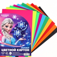 Картон цветной тонированный, А4, 10 листов, 10 цветов, немелованный, двусторонний, в пакете, 200 г/м&sup2;, Холодное сердце