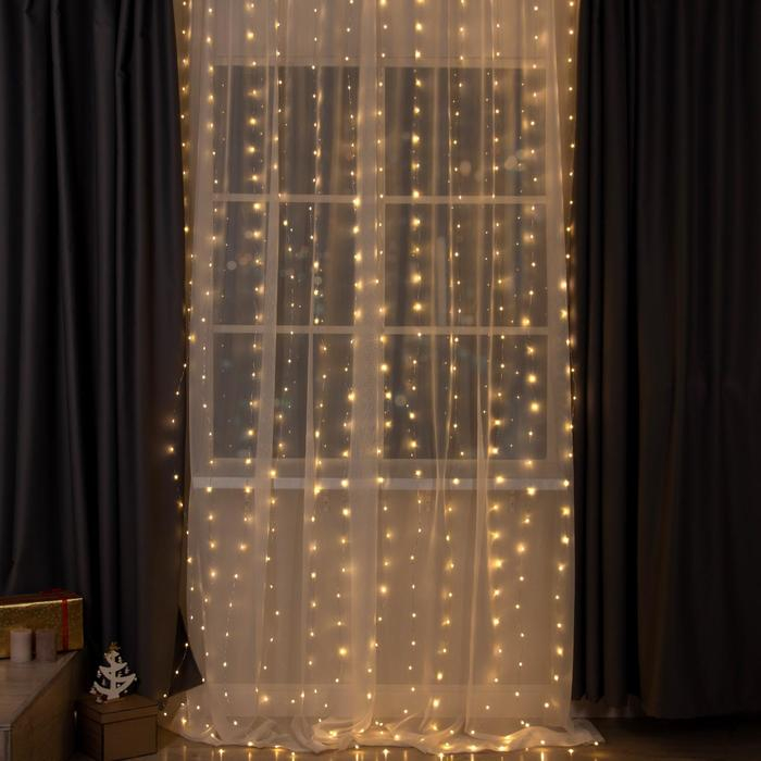 Гирлянда &laquo;Занавес&raquo; 2 &times; 3 м роса, IP20, серебристая нить, 450 LED, свечение тёплое белое, 8 режимов, 220 В