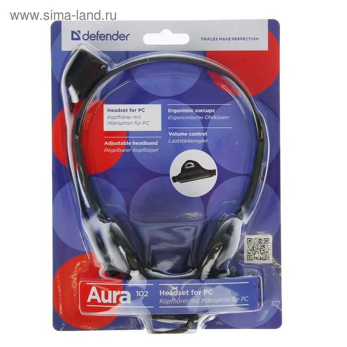Наушники Defender Aura 102, компьютерные, микрофон, 85 дБ, 32 Ом, 3.5 мм, 1.8 м, чёрные