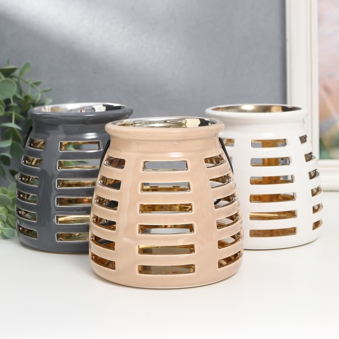 Подсвечник керамика на 1 свечу "Фонарь. Полосы" внутри золото МИКС 11,5х11,5х11 см