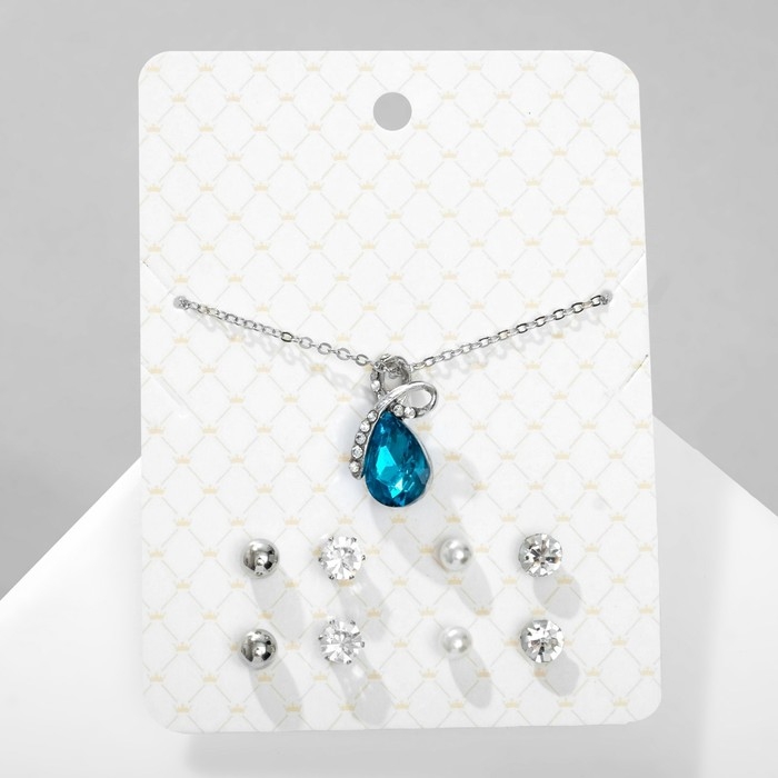 Гарнитур 5 предметов: 4 пары пусет, кулон &laquo;Капелька&raquo;, цвет бело-голубой в серебре, 45 см