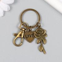 Брелок металл с карабином "Роза и сердце love" бронза 7,4 см