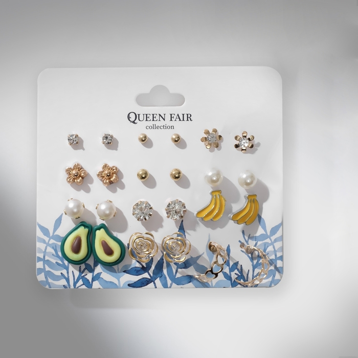 Набор серьги 12 пар &laquo;Вкусняшки&raquo; и цветочки, цветные в золоте