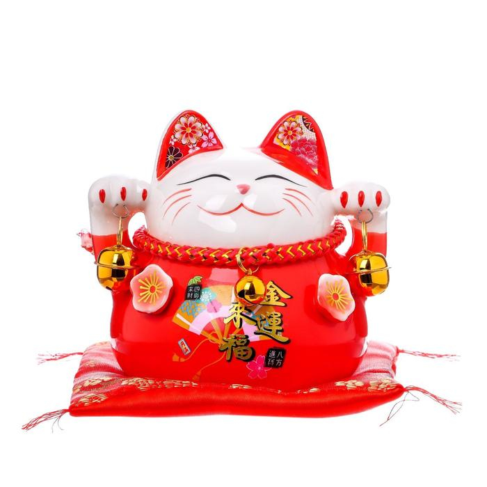 Сувенир керамика копилка Сувенир керамика копилка "Красный кот Манэки-нэко с колокольчиками" 11,5х11,5х9,5 см