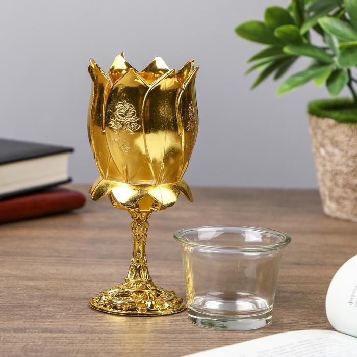 Подсвечник пластик, стекло на 1 свечу Подсвечник пластик, стекло на 1 свечу "Роза" бокал на ножке золото 13х6х6 см