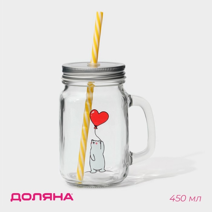 Кружка стеклянная с крышкой и трубочкой Доляна &laquo;Медведь&raquo;, 450 мл, 10&times;7,5&times;13 см