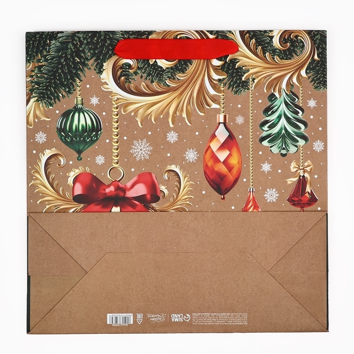 Пакет подарочный новогодний крафтовый квадратный &laquo;Новогодние игрушки&raquo;, 30 х 30 х 12 см, Новый год