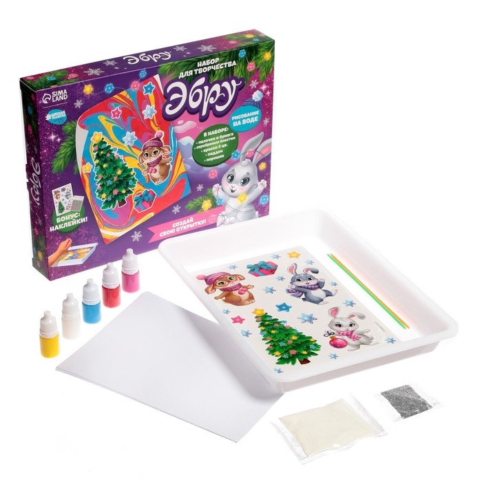 Набор для рисования эбру на новый год &laquo;Волшебный Новый год! Зайка&raquo;, новогодний набор для творчества
