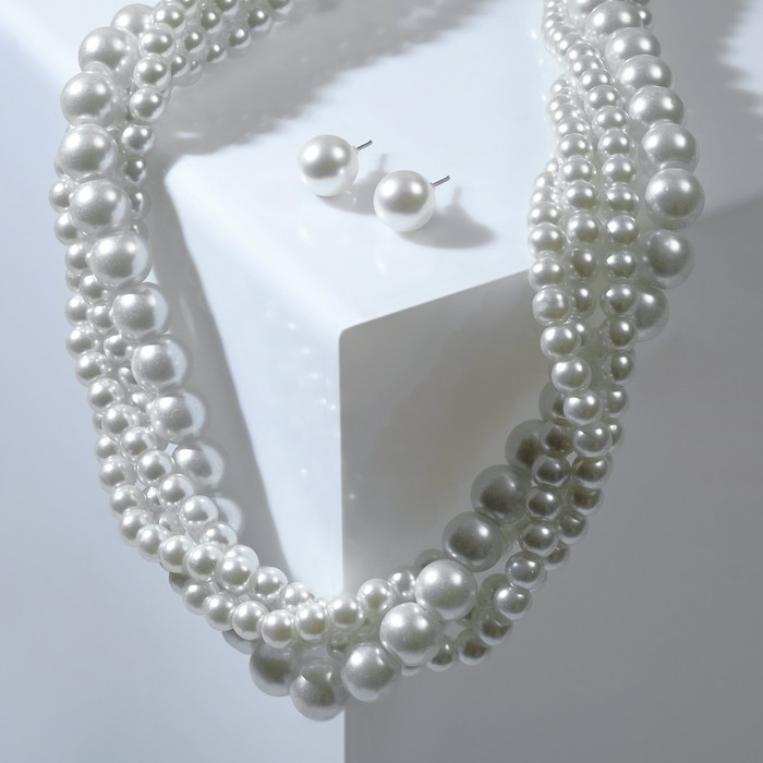 Набор 2 предмета: серьги, шар d=1, бусы &laquo;Жемчужный жгут&raquo;, цвет белый, 45 см