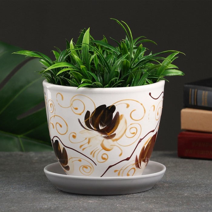 Горшок для цветов &laquo;Орхидея&raquo;, 1 л, d=15 см, h=13 см, керамический, с поддоном, белый