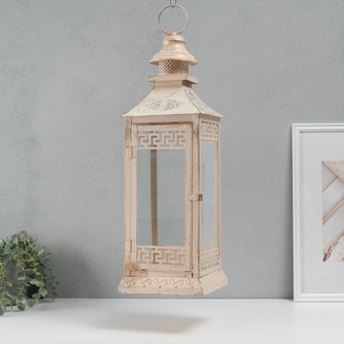 Подсвечник металл, стекло на 1 свечу фонарик Подсвечник металл, стекло на 1 свечу фонарик "Ажурный ромб" белый с патиной 52,5х17,5х17,5см 54492