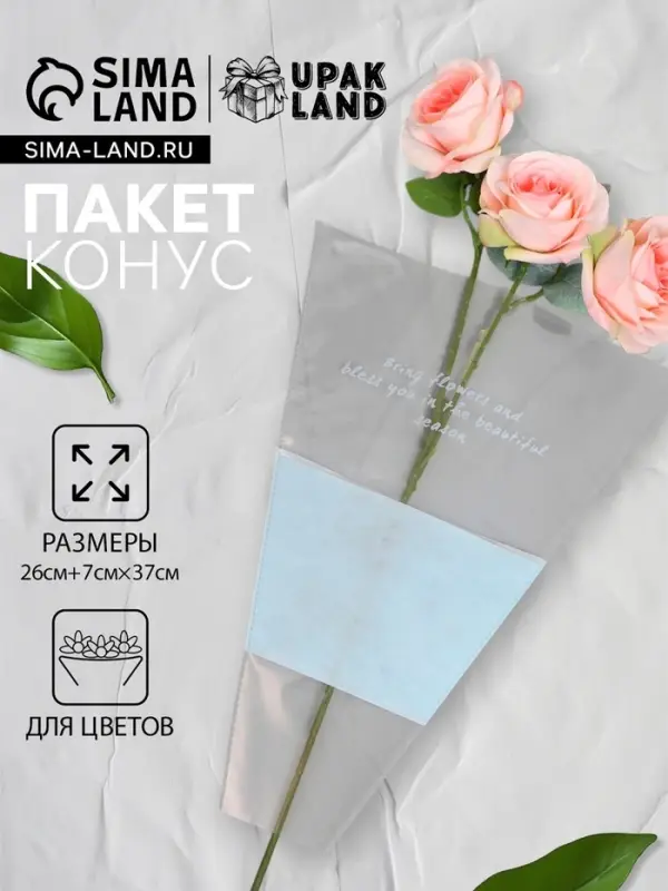 Пакет конус для цветов, с нетканым материалом, 26+7&times;37 см, голубой