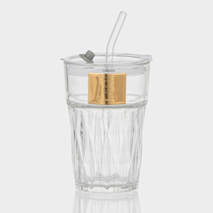 Стакан стеклянный с крышкой и трубочкой &laquo;Крона&raquo;, 400 мл