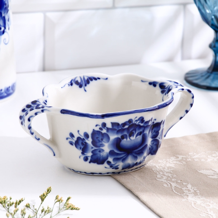 Бульонница &laquo;Ивушка&raquo;, с ручками, H=7 см, 0,35 л, гжель