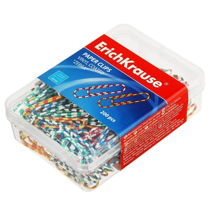 Скрепки канцелярские 28 мм, цветные, 200 штук Erich Krause "Зебра", с виниловым покрытием, пластиковый бокс