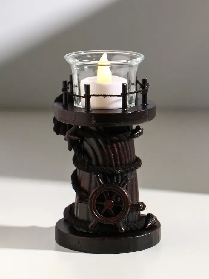 Подсвечник дерево, стекло на 1 свечу "Маяк и штурвал" 8,5х8,5х15,5 см