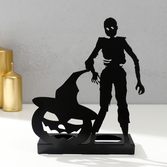 Подсвечник металл на 2 свечи "Хэллоуин. Зомби с тыквой" чёрный 17,5х14х6 см