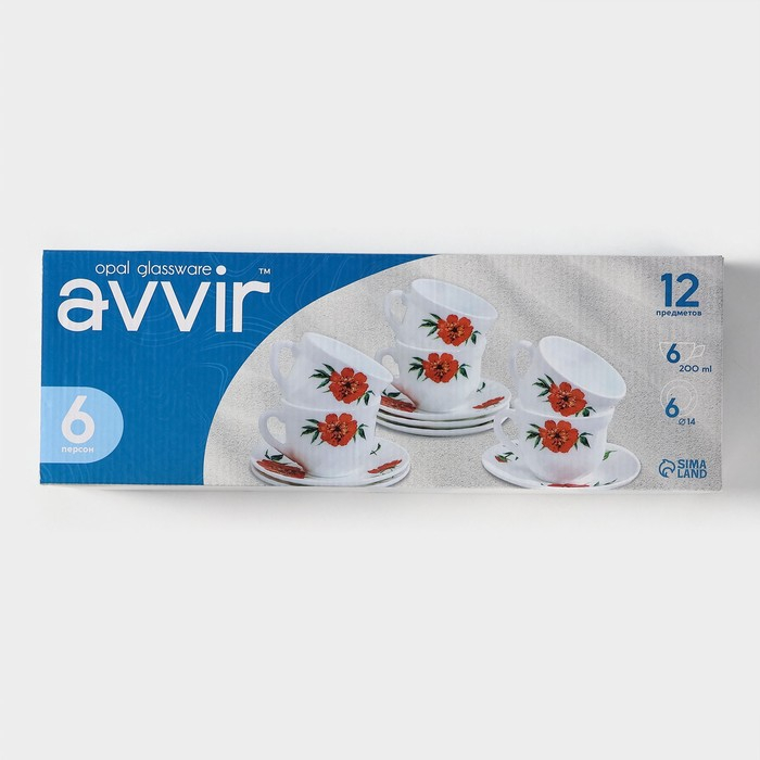 Сервиз чайный &laquo;Бархатная роза&raquo;, 12 предметов: чашка 200 мл, блюдце d=14 см, стеклокерамика, цвет белый