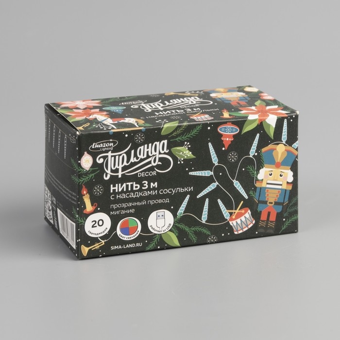 Гирлянда &laquo;Нить&raquo; 3 м с насадками &laquo;Сосульки 7,5 см&raquo;, IP20, прозрачная нить, 20 LED, свечение мульти (RG/RB), мигание, USB