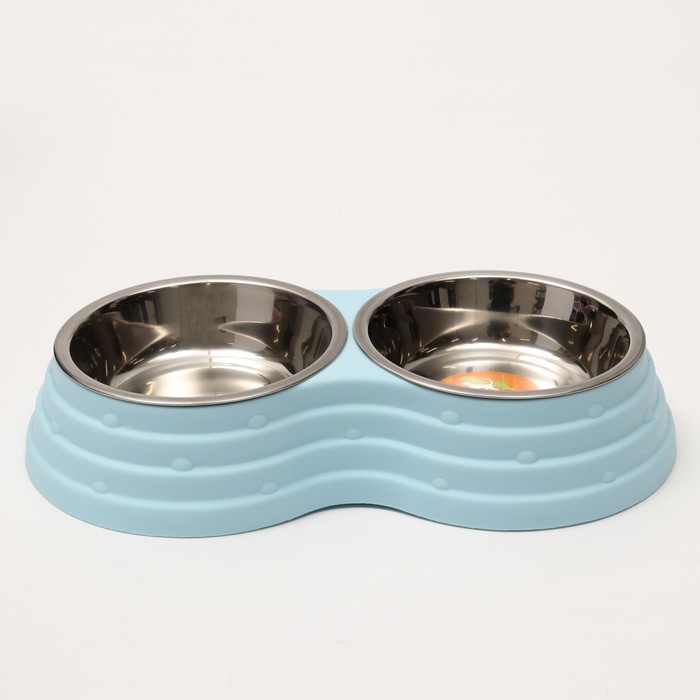 Миска металлическая двойная на пластиковом основании 2 х 160 мл, 25 х 14 х 5 см, голубая