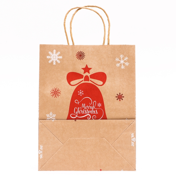 Новый год. Пакет бумажный подарочный новогодний крафт с тиснением "Новогодний колокольчик", 27 х 21 х 11 см.