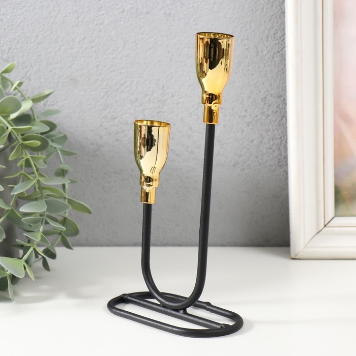 Подсвечник металл на 2 свечи "Пелей" чёрный с золотом 10х10х23,5 см